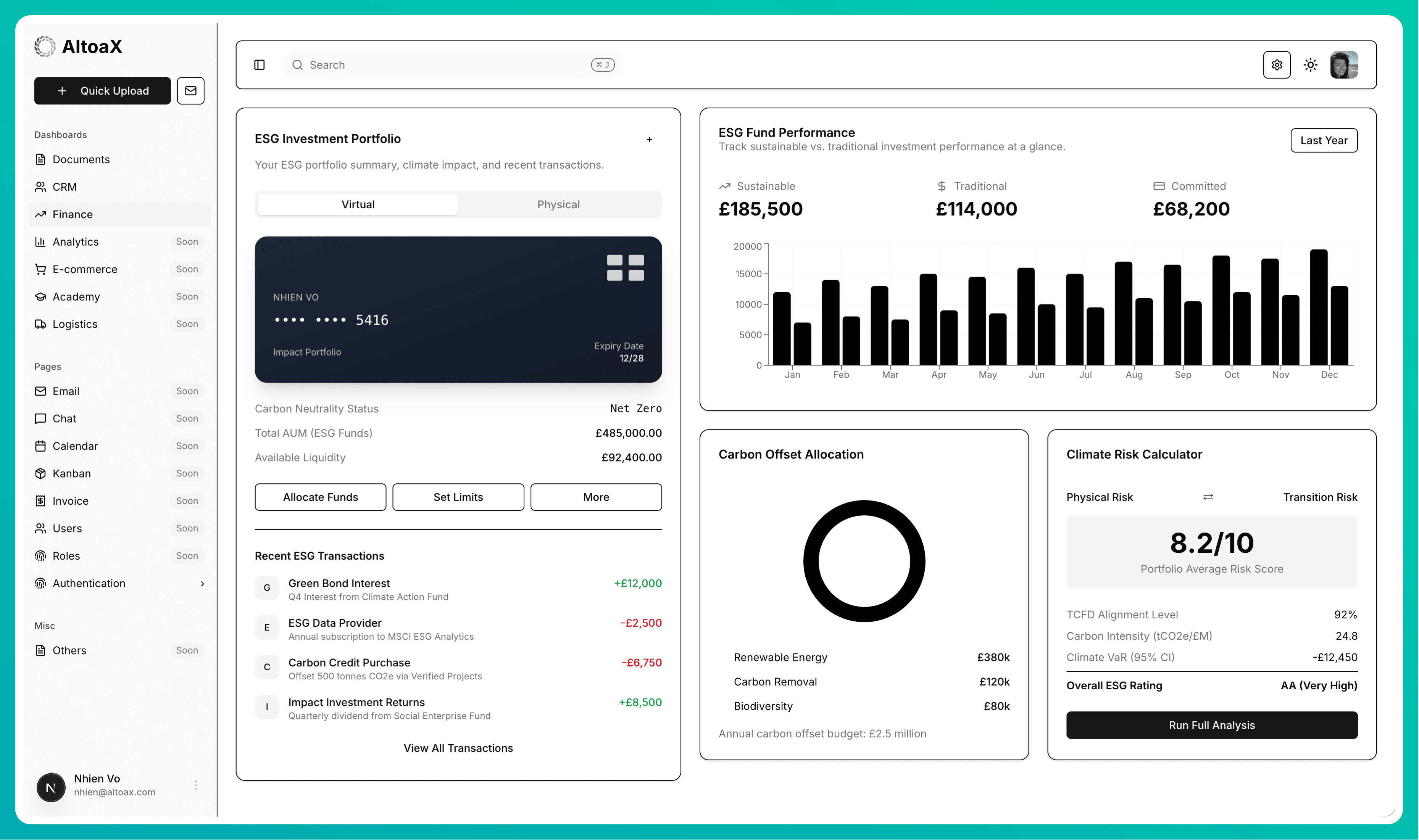 AltoaX platform screenshot showing ESG reporting and sustainability data intelligence